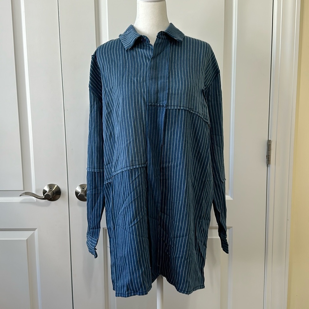 NWT Sandrine Rose Dark Stripe Patch Shirt Dark Blue Stripe S